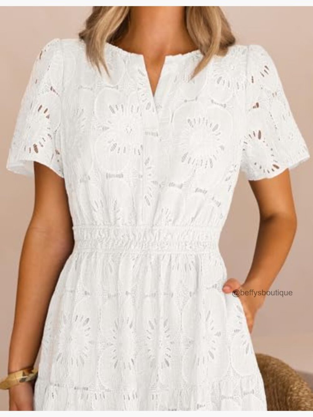 Women's Summer Floral Maxi Dress Boho Eyelet Lace Short Sleeve Tiered Flowy - Picture 4 of 7